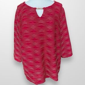 JM Collection 2X Womens Blouse Top‎ Shirt Red Gold Textured Stretch 3/4 Sleeve